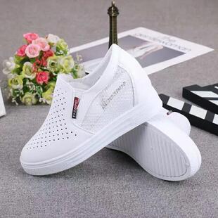 休闲女鞋 坡跟单鞋 女内增高厚底百搭一脚蹬网鞋 春夏镂空透气小白鞋
