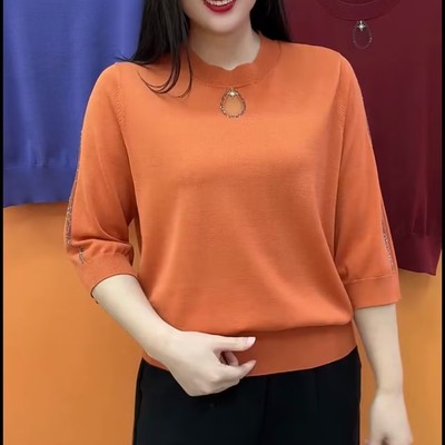 2025新款女装洋气春秋打底遮肉小衫中袖上衣七分袖薄款妈妈针织衫