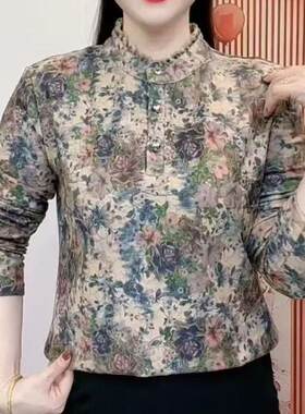 秋冬新款百搭碎花加绒保暖上衣女妈妈装木耳领小衫洋气显瘦打底衫