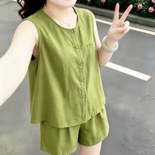 夏季宽松简约时尚百搭两件套透气圆领无袖大码女装上衣短裤套装潮
