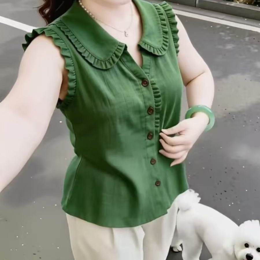 小清新轻奢高级感衬衫女夏季超好看洋气修身显瘦荷叶边娃娃领上衣图片