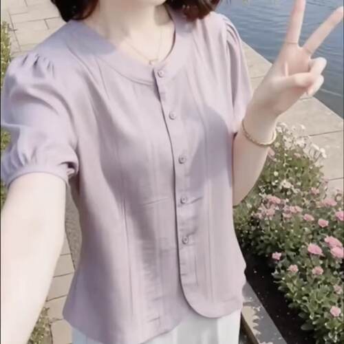 纯色小衫薄款女士开衫妈妈上衣夏季新款短袖高档柔软透气衬衫洋气