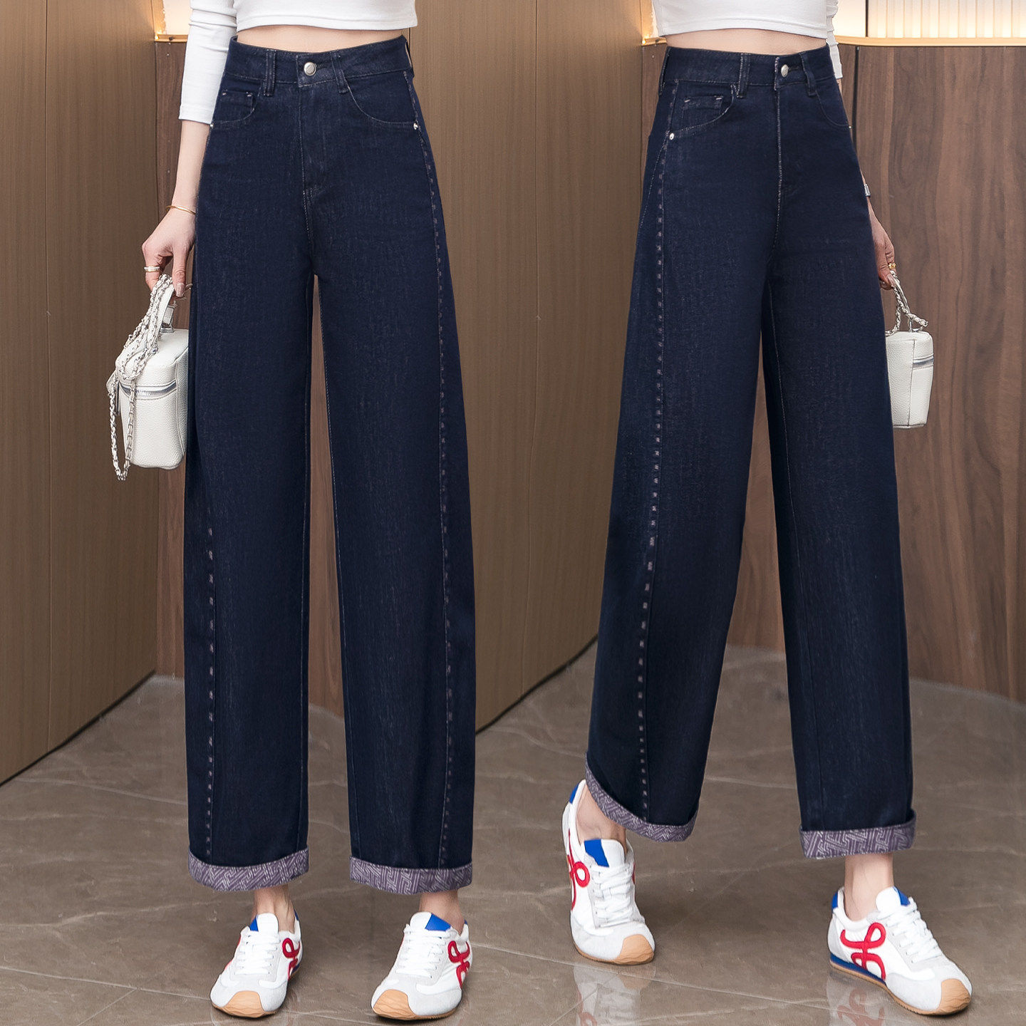 卷边直筒弯刀牛仔裤女2026年春秋季新款高端丹宁蓝高腰窄版香蕉裤