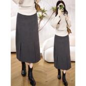 中长款 高级灰羊毛呢半身裙女2025秋冬季 新款 开叉拼接百褶直筒裙子