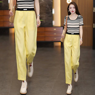 鹅黄色天丝亚麻裤女2025夏季新款薄款休闲弯刀裤子九分棉麻气球裤