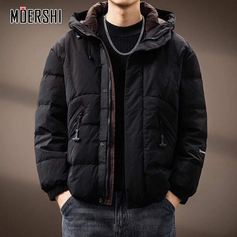 撞色拼接连帽羽绒服男休闲外套