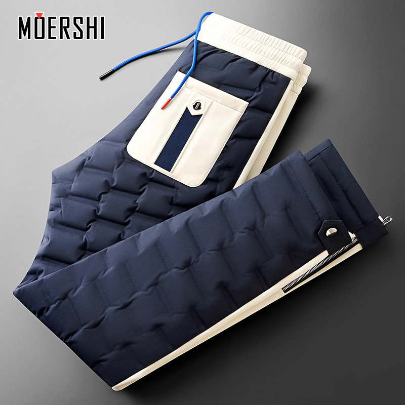 冬季加厚保暖白鸭绒时尚撞色拼接情侣男女外穿防水直筒休闲羽绒裤