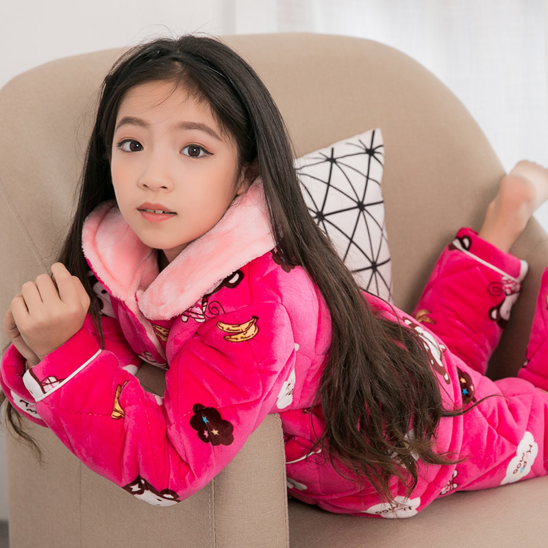 冬季女童睡衣儿童家居服加厚款法兰绒珊瑚绒秋冬天夹棉女孩中大童