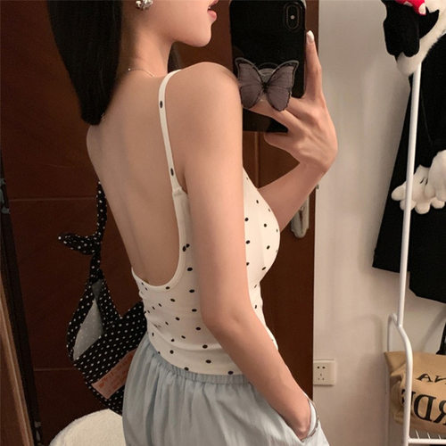 港风辣妹大露背波点吊带背心带胸垫女设计感小众外穿美背文胸一体