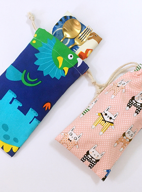 ins小学生餐垫餐具收纳袋卡通可爱课桌布棉麻帆布袋子抽绳束口袋