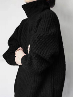 欧货覆古高级感黑色高领浣熊绒毛衣女秋冬慵懒中长款外穿针织上衣