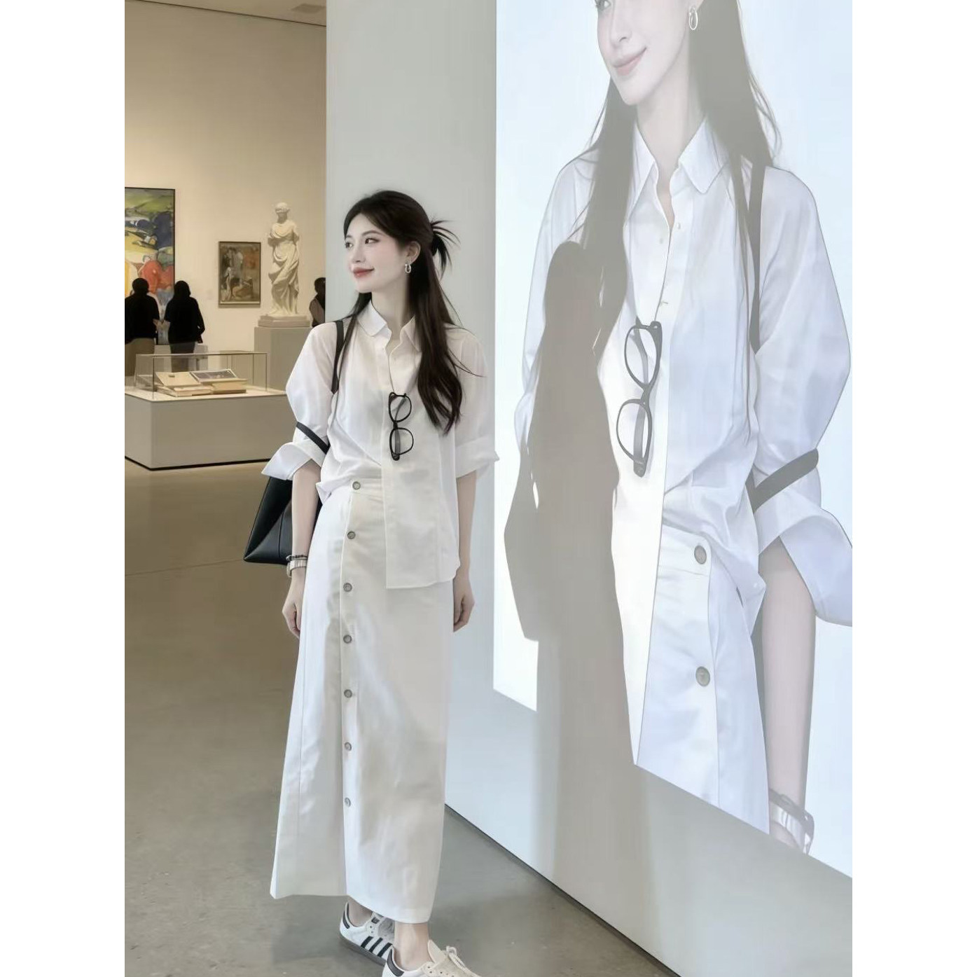 法式老钱风白色亚麻衬衫外套女春夏外搭防晒开衫衬衣半身裙两件套