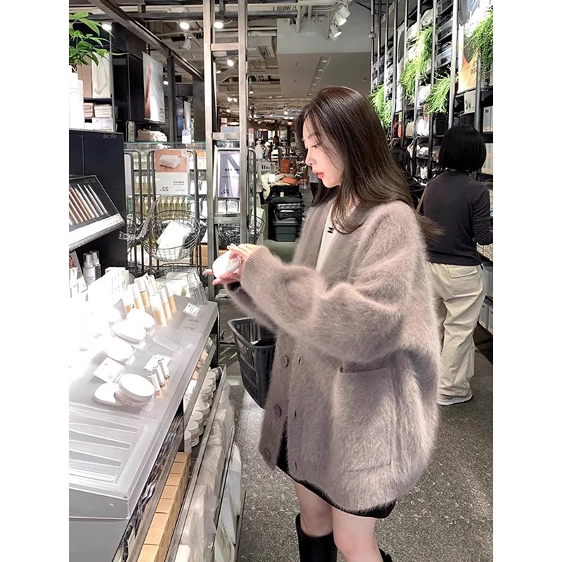 美拉德驼色水貂绒毛衣外套女2024秋冬韩系慵懒中长款针织开衫加厚