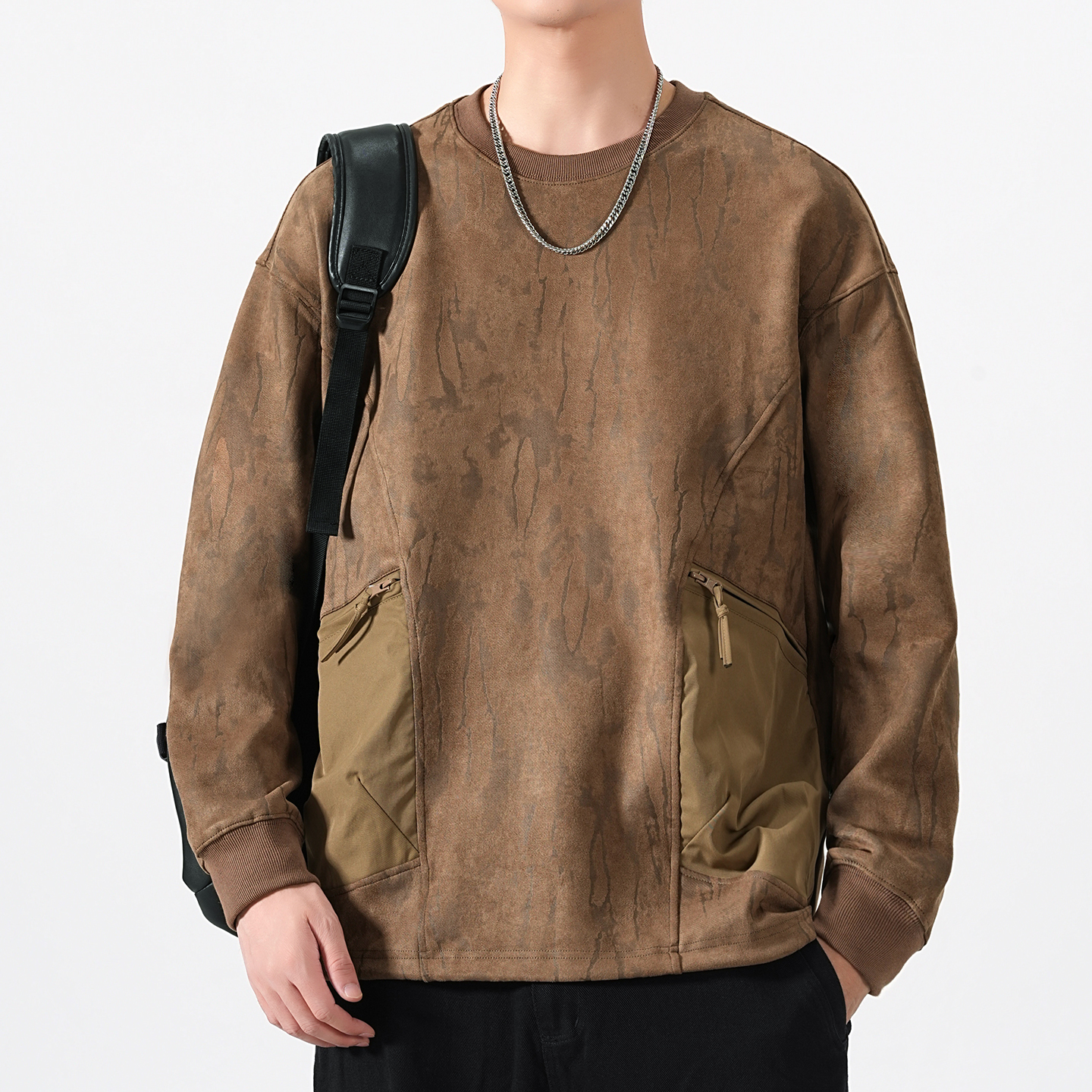 美式麂皮绒重磅双拉链圆领卫衣