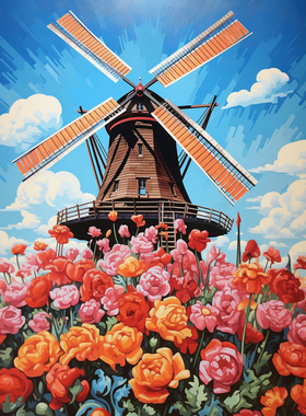风车与鲜花数字油画diy画画高级感填色油彩画解压填充丙烯挂画