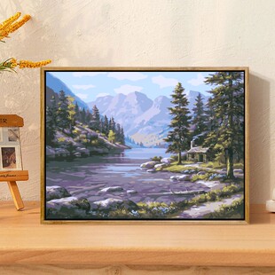 湖畔山林间宁静小筑diy数字油画丙烯画油彩高还原填色手工装饰画