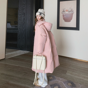 2025冬季新款粉色连帽可拆卸羽绒服女90白鸭绒长款外套时尚修身