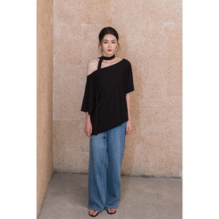 2025夏季新款知识分子法式优雅风斜肩短袖t恤女宽松显瘦飘带上衣