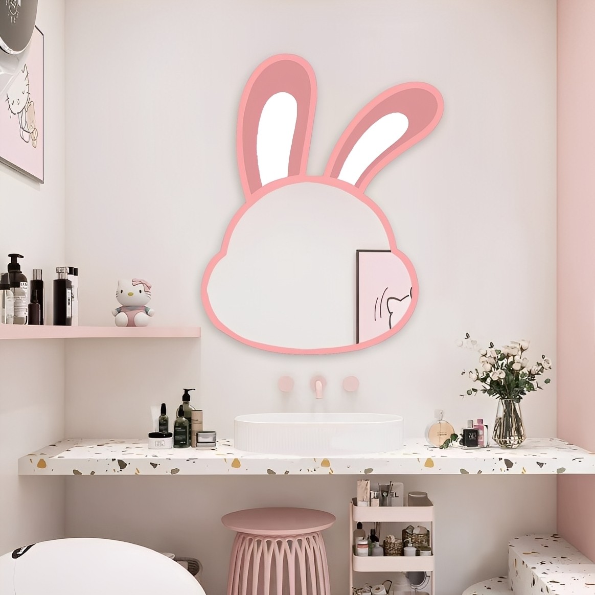 治愈系兔子造型浴室镜ins儿童房粉色装饰镜萌趣可爱生肖兔化妆镜
