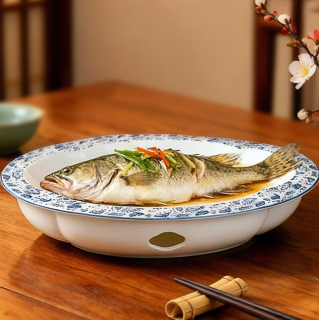 新中式蒸鱼盘子加热炉底座保温饭店专用椭圆形青花碟菜盘商用餐具