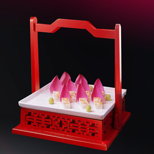 中国风红色新中式提盒木质带把手提篮食盒酒店明档自助餐具菜盘子