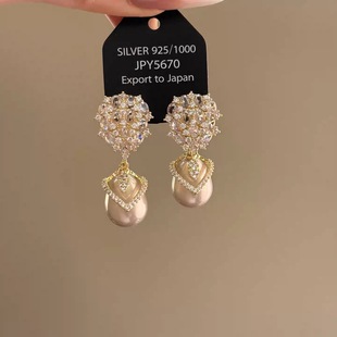 香氛美人~香槟色复古轻奢优雅高级感满钻锆石水滴珍珠耳环耳夹女