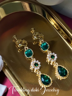 《光怪陆离》复古轻奢镶钻祖母绿花朵锆石港风水滴耳环无耳洞耳夹