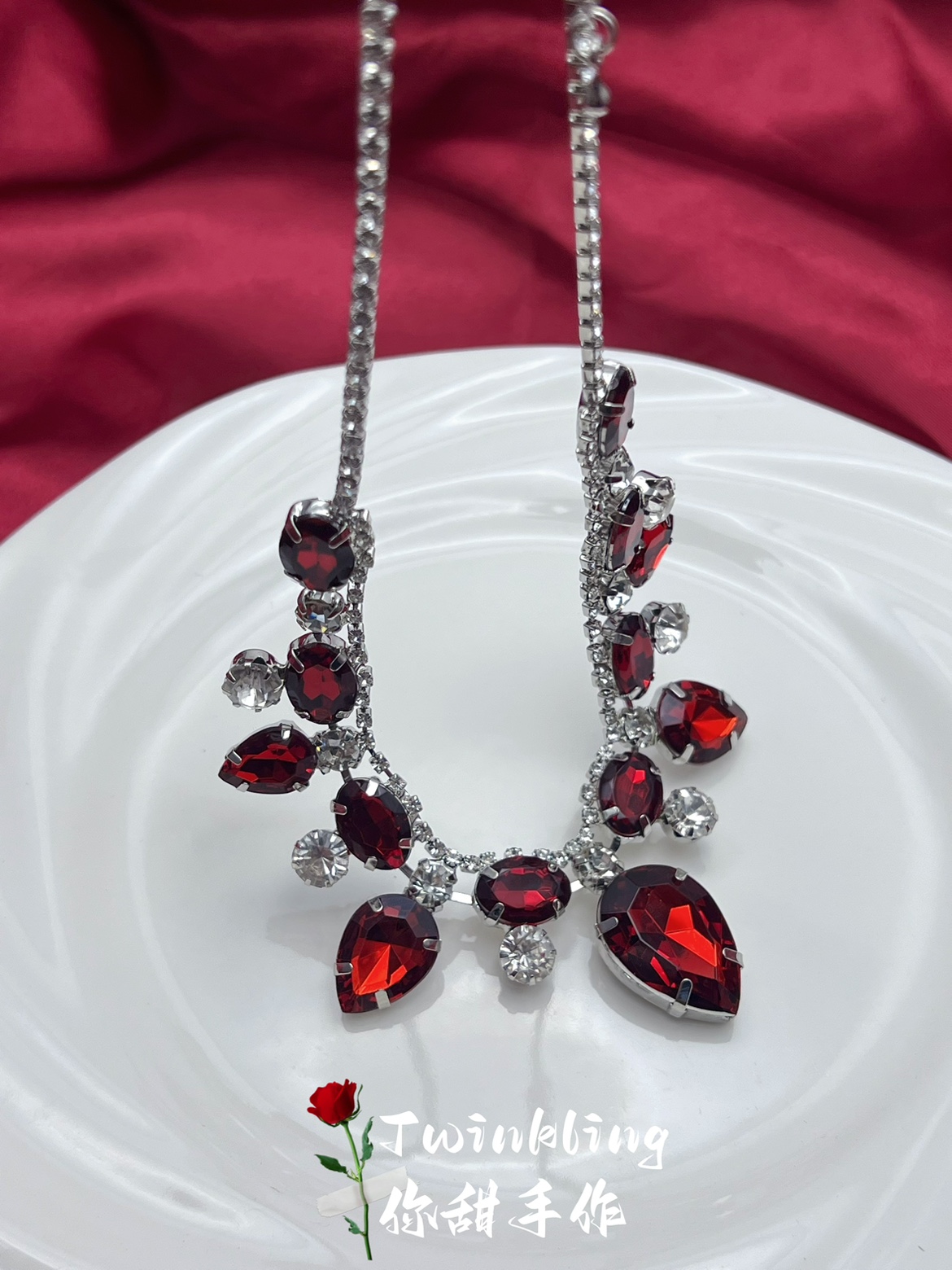 法式复古巴洛克耳环宫廷港风红水晶项链套装轻奢vintage锁骨链女