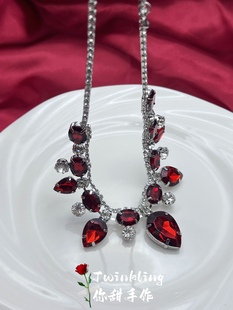 法式 轻奢vintage锁骨链女 复古巴洛克耳环宫廷港风红水晶项链套装
