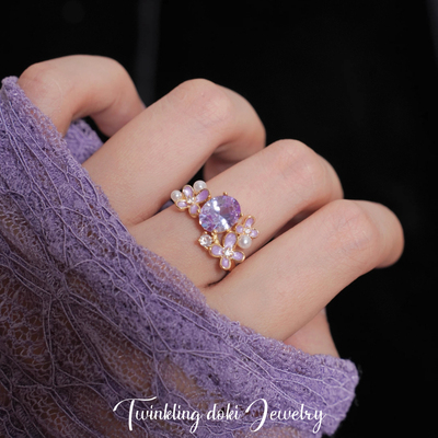 紫色锆石宝石戒指花朵巨好看的小众设计轻奢高级感食指中指开口戒