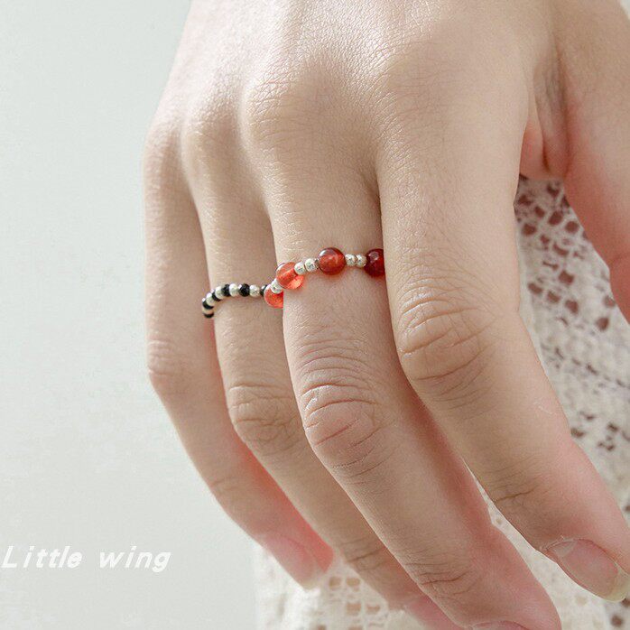 韩国ins 温柔优雅 复古玛瑙红色绿色黑色s925银 串珠戒指 指环