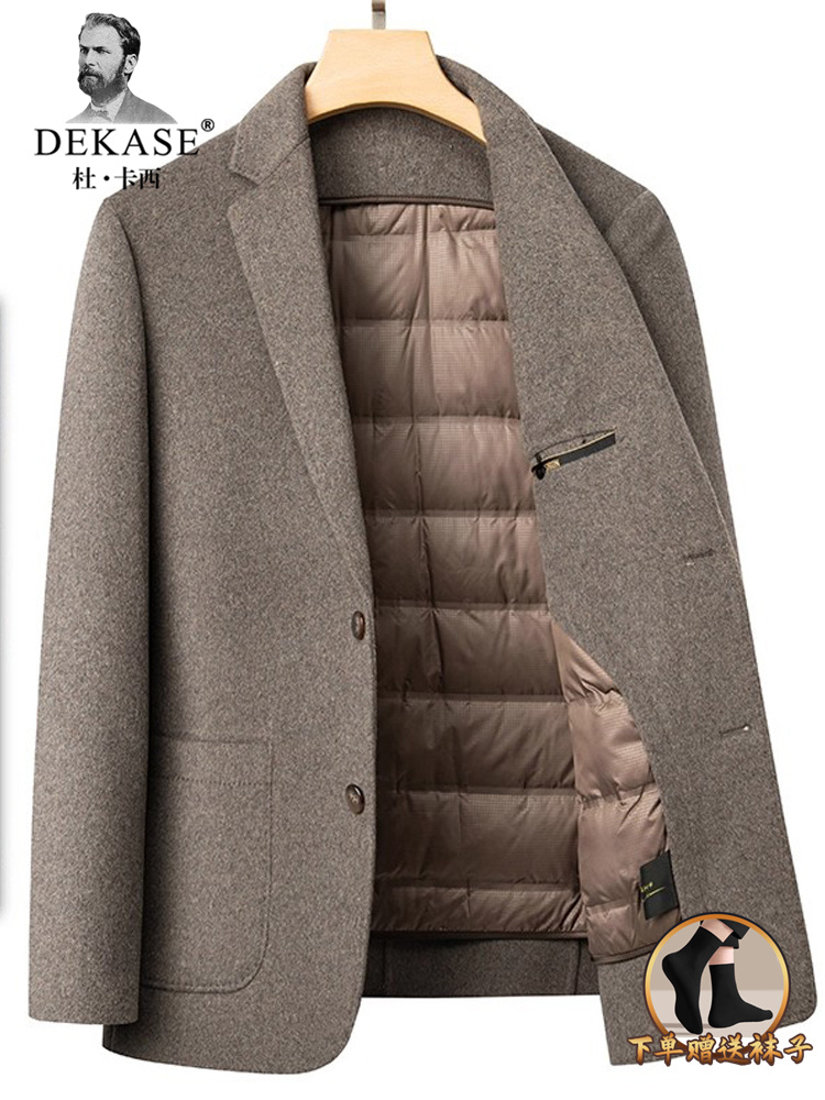 秋冬季加厚羽绒内胆男士羊毛西服休闲西装领双面呢子保暖西装外套