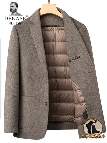 秋冬季加厚羽绒内胆男士羊毛西服休闲西装领双面呢子保暖西装外套