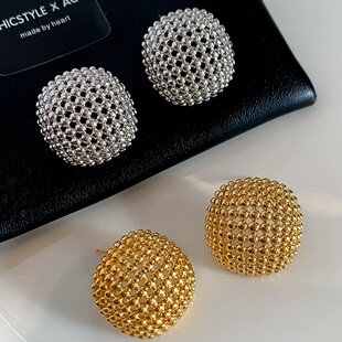 S925银针欧美风金属编织镂空圆球耳环大气时尚 潮人耳饰轻奢时髦女