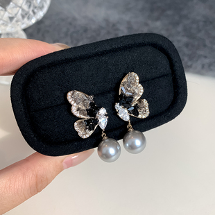S925银针法式 轻奢复古风镶钻锆石超闪珍珠黑色蝴蝶耳环气质耳坠女