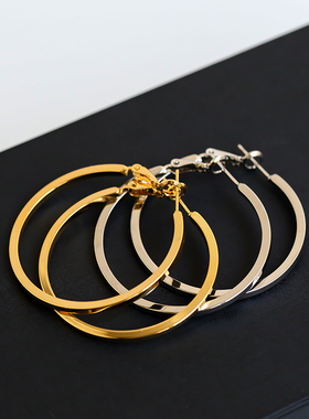 925银针欧美风网红金属光面质感方圈HOOP耳圈夸张耳环潮人个性女