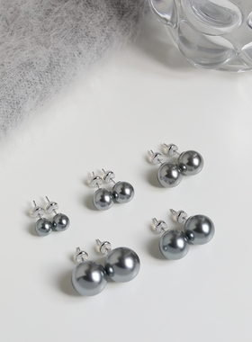 S925银针法式轻奢简约冷淡风亚麻灰色珍珠耳环气质经典戴妃耳钉女