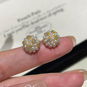 S925银针法式 轻奢风温柔米粒珍珠镶钻小圆球耳环气质韩国耳钉女