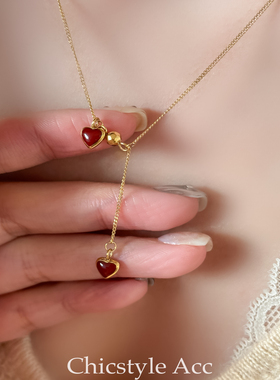 2025秋冬新款法式轻奢简约高级感红色爱心吊坠气质项链颈链锁骨链