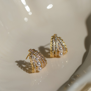 S925银针法式 轻奢镶钻蕾丝花边珍珠温柔耳环气质春夏耳钉耳饰短款