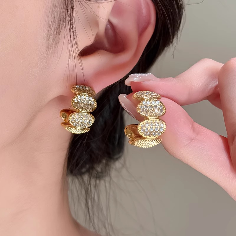 S925银针轻奢风满钻C形半圆耳环精致高级感耳饰气质耳钉短款潮人