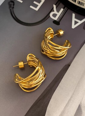 S925银针复古高级感镂空金属重工绕线C形圈圈耳环潮人小众耳饰女