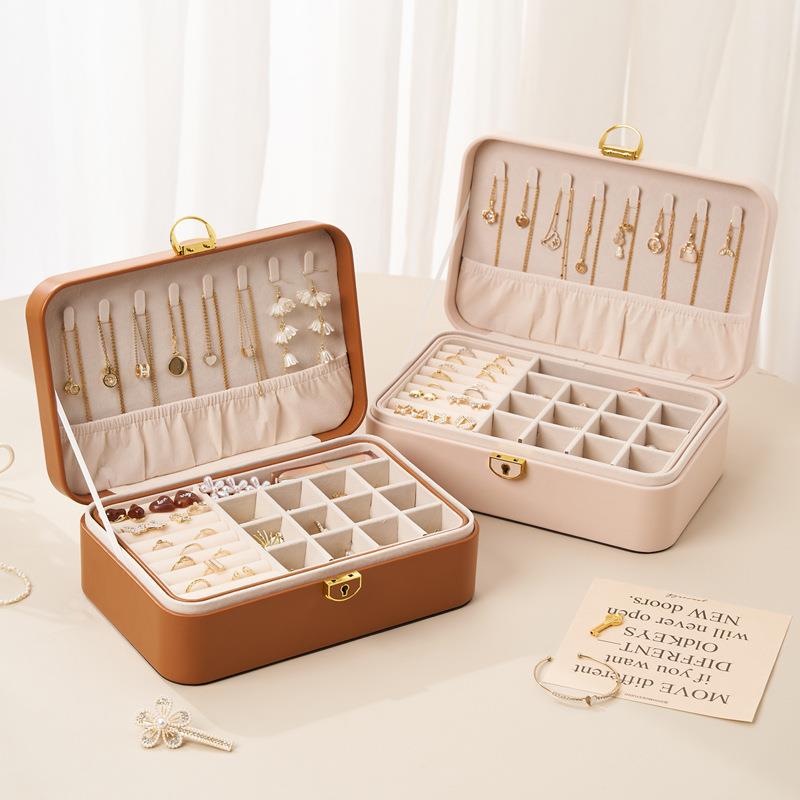 新款双层珠宝收纳盒项链耳环戒指饰品桌面收纳高档带锁多格首饰盒