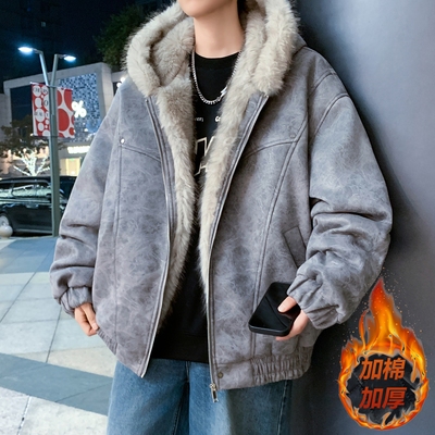 麂皮绒座山雕加厚羽绒服冬季新款棉衣男高级感痞帅保暖毛领外套潮