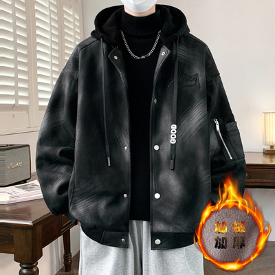 冬季羽绒服男孩12初高中学生13假两件外套15岁青少年大童加绒冬装