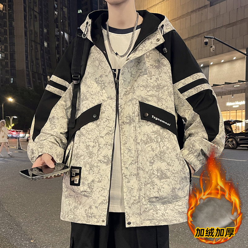 青少年连帽男士加绒加厚羽绒服港风时尚百搭学生保暖冲锋衣外套潮
