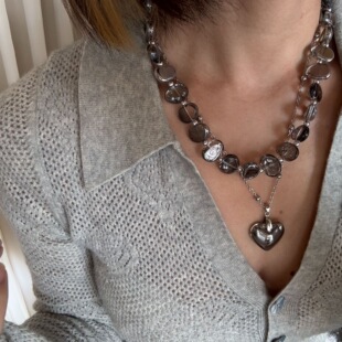 韩版 简约不规则灰色水晶串珠项链女小众双层叠戴爱心锁骨链女 时尚