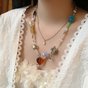 海洋风复古爱心餐具吊坠手工串珠石头拼接项链甜酷巴洛克锁骨颈链