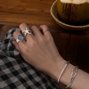 设计感哑光金属海星猫眼金属开口戒指女小众简约时尚 百搭指环 个性