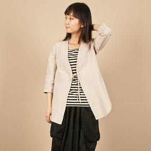 WUTELA{清仓}春夏V领亚麻开衫七分袖棉麻防晒服文艺宽松衬衫外套